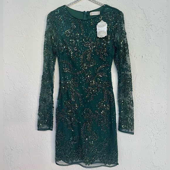 New Altar’d State Blake Beaded Long Sleeve Hunter Green Mini Dress size Small